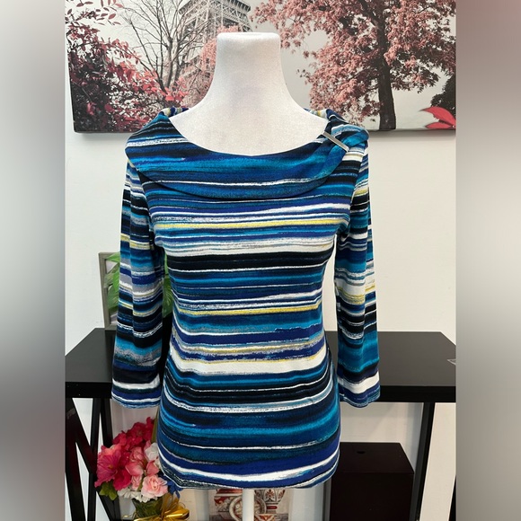 Rafaella Women’s Top Blouse Fold-Over Boatneck Size S  Long Sleeve Striped - Picture 4 of 16